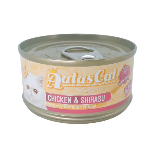 Pate Aatas Cat cho mèo vị gà và cá mòi trắng - LON 80GR: CHICKEN & SHIRASU